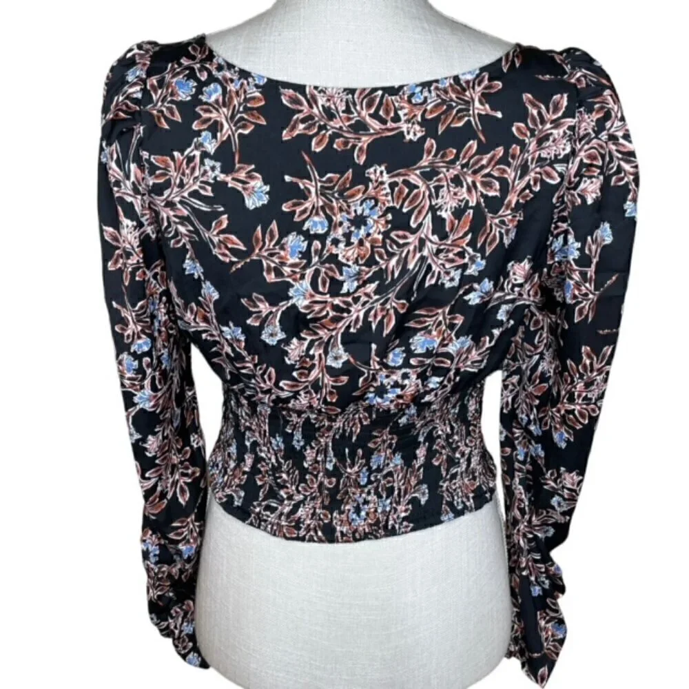 FREE PEOPLE Santiago Black Floral Smocked Cropped Blouse - Size Small